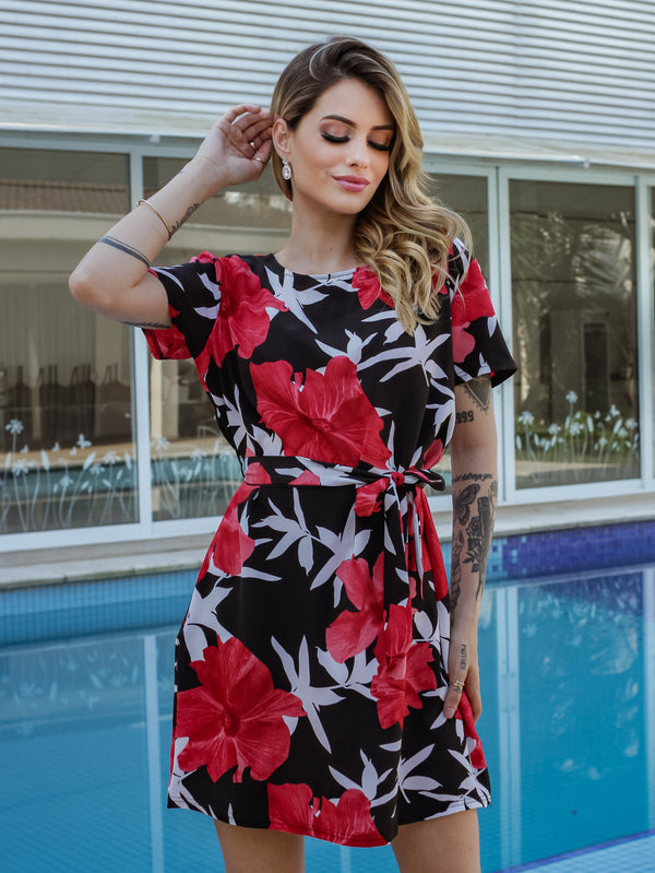 Vestido curto feminino com cinto estampado plus size